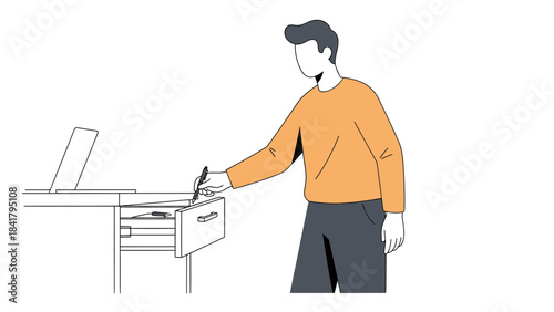An illustration of a person taking a pen from a desk drawer with a laptop nearby