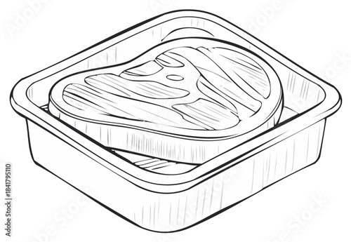 Raw steak in a plastic container sketch illustration. Food meat concept.