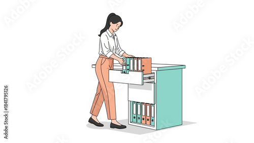 An illustration of a woman organizing files in an office setting or workspace