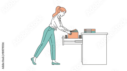 An illustration of a woman organizing documents from a drawer in an office setting