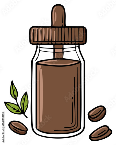Natural coffee extract essence in a dropper bottle with roasted beans and green leaves illustration