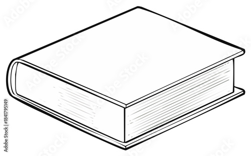 A simple line drawing of a closed hardcover book shown in isometric perspective