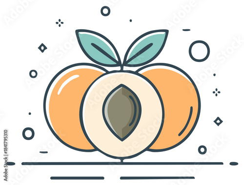 Stylized Flat Illustration of Peaches with Leaves and Seed