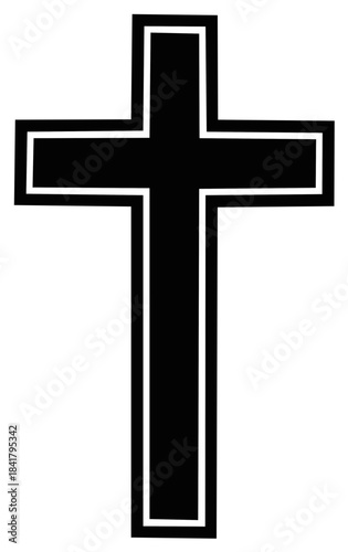 Graphic black Christian cross with crisp white outline, an enduring symbol of faith and devotion