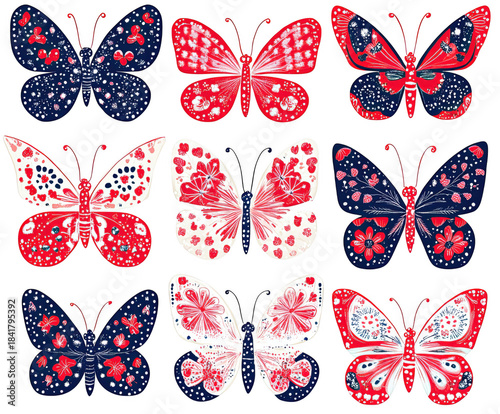 A Vibrant Collection of Colorful Artistic Butterflies Featuring Patterns of Floral Designs and Intricate Details, png, isolated on transparent background