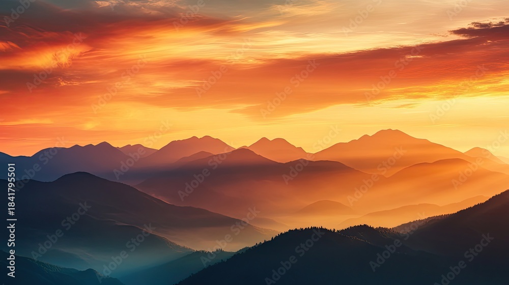 Obraz premium Dynamic mountain silhouettes layered against each other under a vivid golden sunset