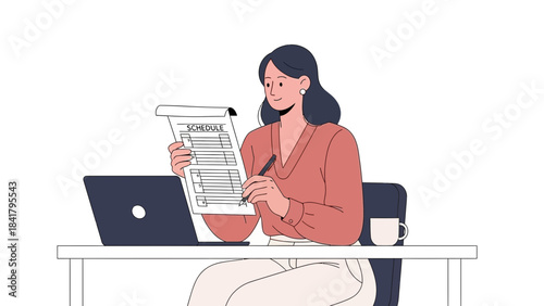 Businesswoman managing schedule with laptop and pen at her desk in office during work hours