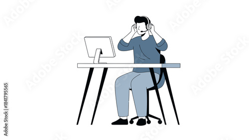 Customer service representative wearing headset and working at his computer, flat design.