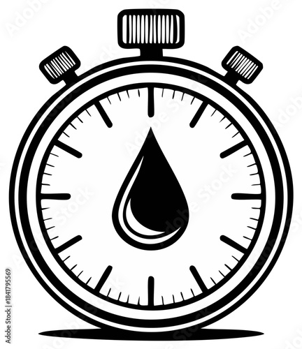 Stopwatch timer with a drop of oil or water, a black and white icon for deadlines and measurement