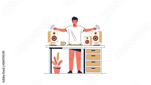 Illustration depicting a man enjoying music from speakers, minimalist colorful design