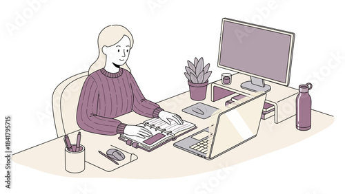 Illustration depicting a woman working at a desk with a computer and a notebook