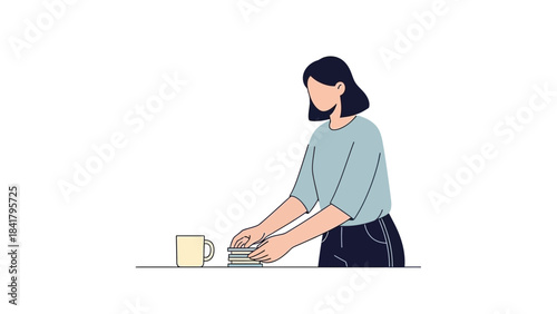 Illustration depicting a woman organizing books with a coffee cup on a table