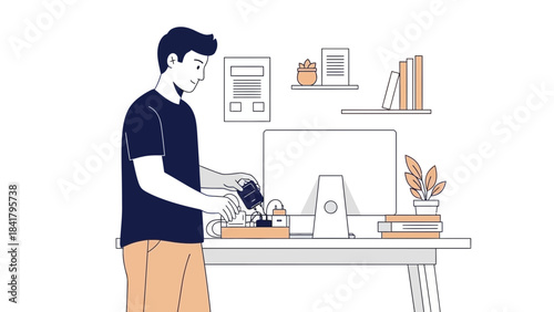 Illustration of a man at work, adding something to a charging station, digital workspace