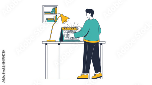 Illustration of a man checking a calendar on a desk at home or in the office
