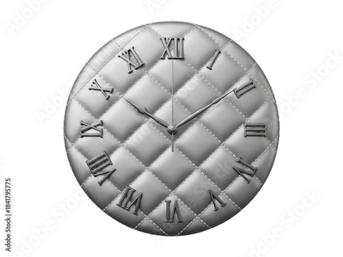 Silver leather quilted wall clock face with Roman numerals isolated.