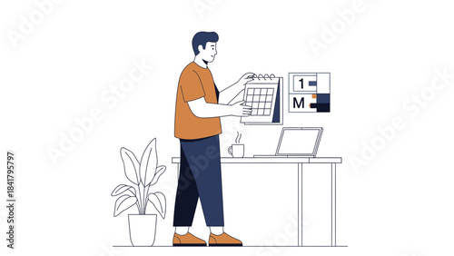 Illustration of a man checking a calendar in a workstation setting design