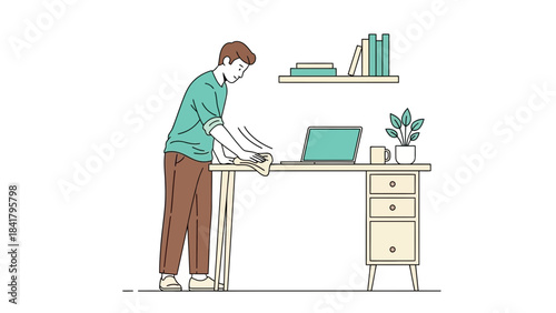 Illustration of a man cleaning his desk with a laptop and potted plant