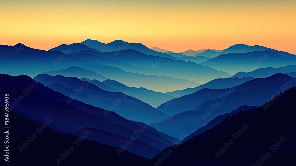 Obraz premium Layers of dark mountain silhouettes fading into a gradient horizon