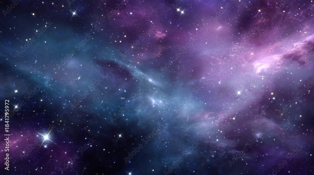 Naklejka premium Bright stars shine in a dark vast space. Colorful clouds swirl in shades of blue purple and pink creating a scene of endless cosmic beauty.