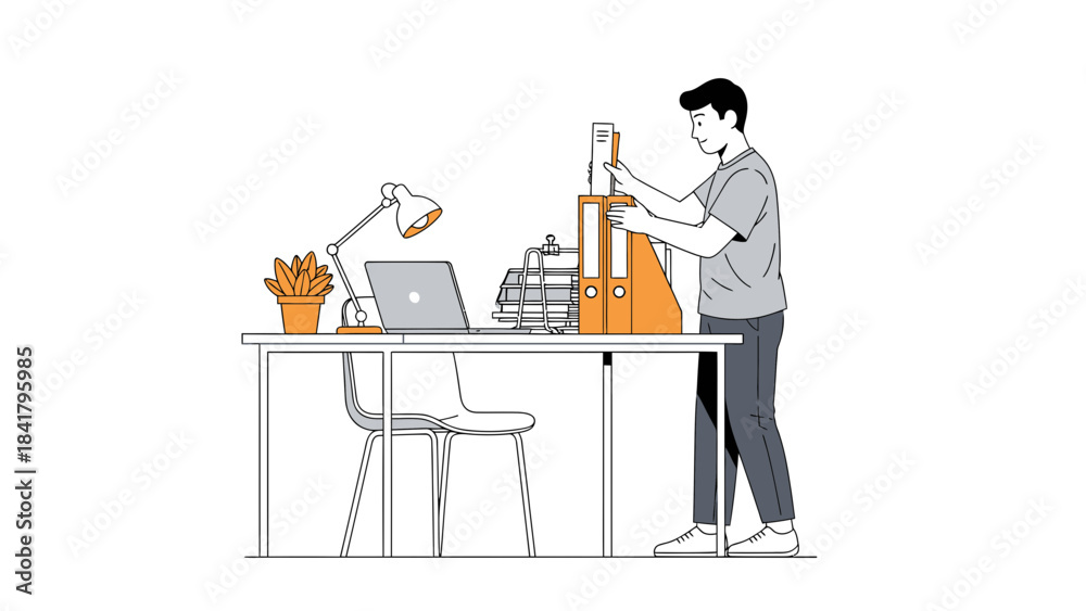 Fototapeta premium Illustration of a man organizing files at an office desk in a minimalist style