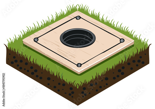 Isometric Cornhole Platform on Grass Sectional View: Vector Illustration for Outdoor Game and Recreation Visuals