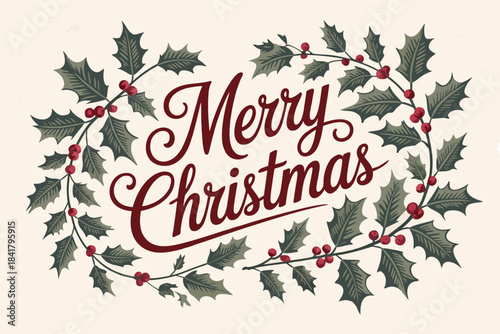 Merry christmas text with holly berry wreath on light background
