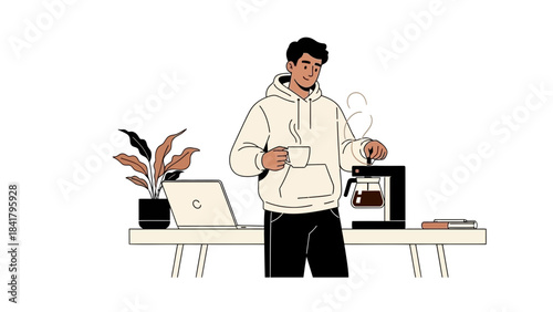 Illustration of a man making coffee at home while working on a laptop computer