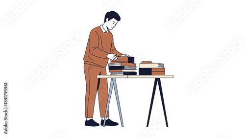 Illustration of a man organizing books on a table in a minimalist style