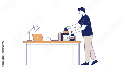 Illustration of a man organizing books and working at a desk with a laptop and lamp