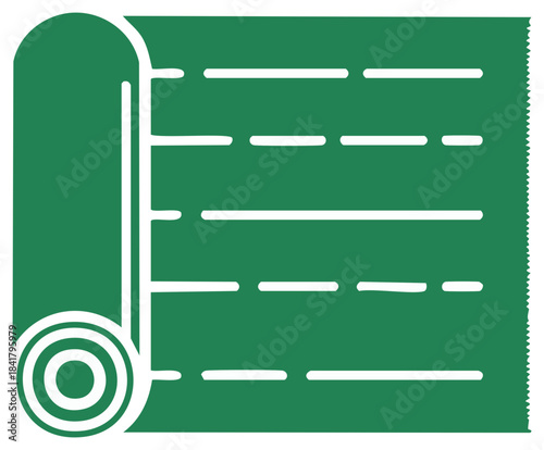A conceptual depiction of a rolled-up green grassy football or sports field, in a flat green-screen minimalistic graphic for sporting event promotions.