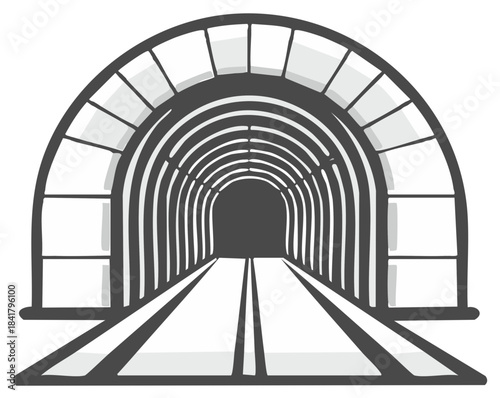 Arched subway tunnel or railway passage illustration with tracks leading into dark distance