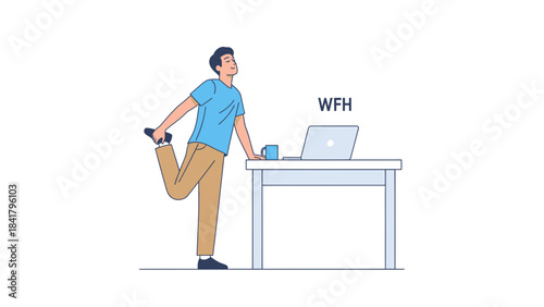 Illustration of a Man Stretching While Working From Home Near Laptop