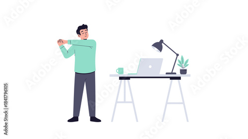 Illustration of a man stretching beside a desk with a laptop lamp and plant
