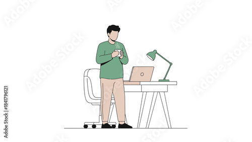 Illustration of a Man Taking a Coffee Break at His Home Office Workspace