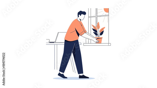 Illustration of a man taking care of a plant near a window in a flat design style