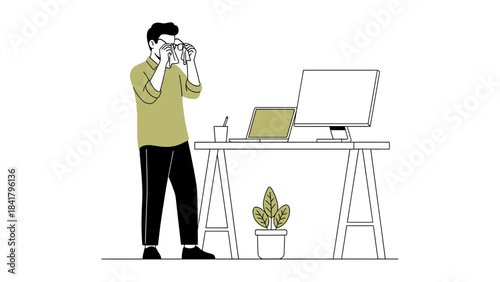 Illustration of a man wiping glasses at a desk office with a computer and a laptop on it