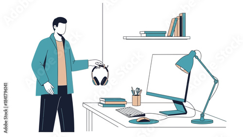 Illustration of a Man with Headphones Near a Desk with a Computer and a Lamp