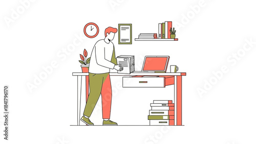 Illustration of a man working at the office desk with documents and laptop