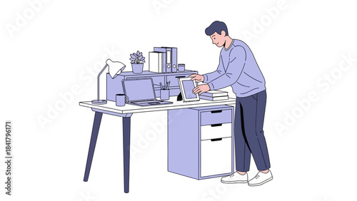 Illustration of a man working from his desk, laptop, and organizing his workspace