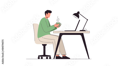 Illustration of a man working from home and drinking coffee near a laptop computer