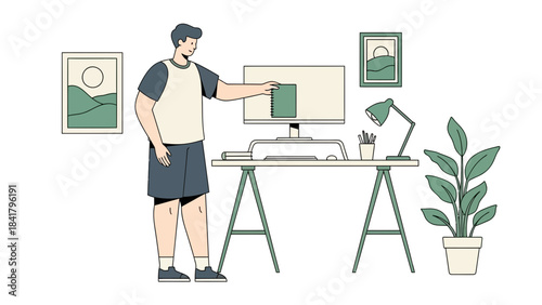Illustration of a man working from home at a desk with a computer and plants