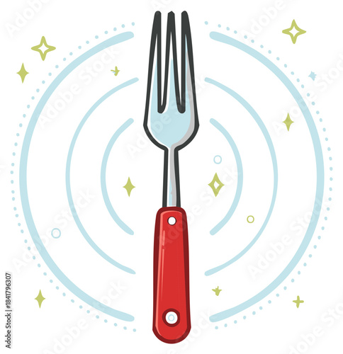 Bright cartoon fork with a red grip and radiating clean lines illustration
