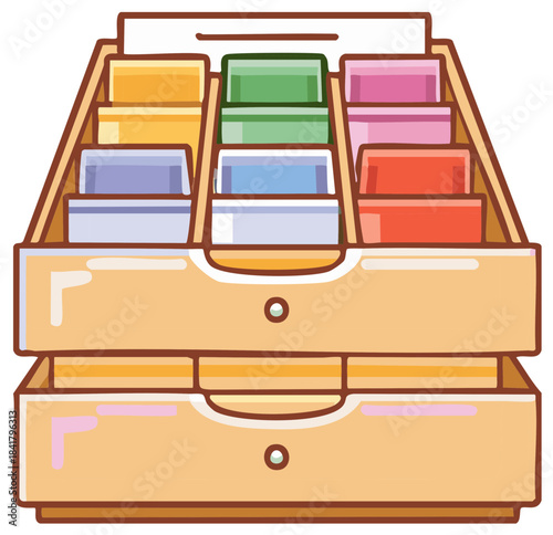 Cartoon file cabinet with colorful paper folders, drawer organization, for office and home archives, records, and documents.