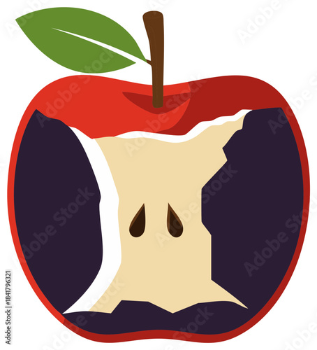 Stylized Eaten Red Apple Illustration, Includes Core with Seeds and Green Leaf, Health Concept, Minimalist Artwork