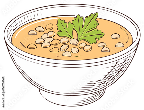 Hand drawn illustration of a bowl of soup garnished with herbs and croutons