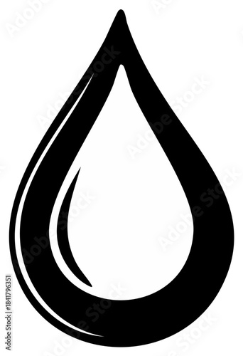 Bold black water drop icon illustration symbolizing liquids purity and hydration