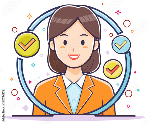 Verified professional businesswoman illustration with checkmarks for success approval and qualification