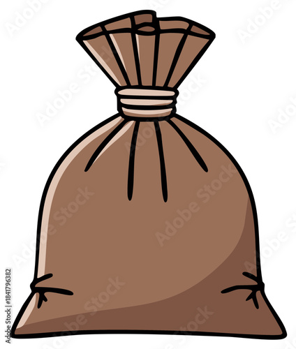 Simple cartoon illustration of a full brown burlap sack tied at the top