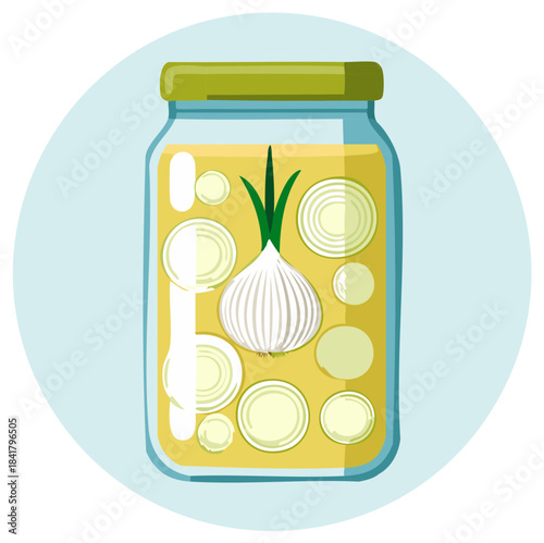 Preserved Whole Onion and Slices in Brine in a Glass Jar with Green Lid
