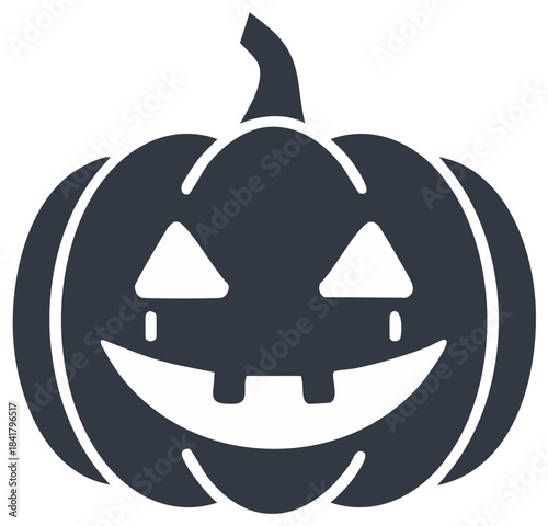 Smiling Halloween pumpkin carving icon. Fun holiday jack-o'-lantern illustration with geometric face and stem.